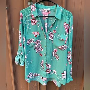 Candie’s Teal Blouse With Elegant Floral Design